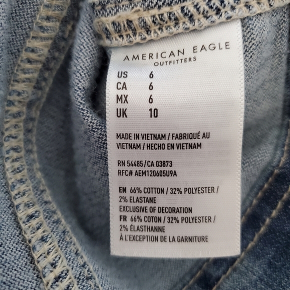 AMERICAN EAGLE Sz 6 Blue Denim Jean Overall Mini Dress Front Zip Straps Stretch - Picture 3 of 14